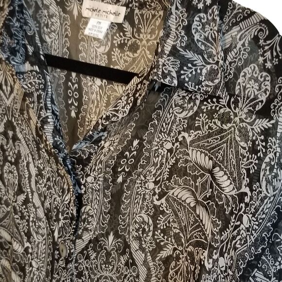 Michele Michelle Womens Sz PM White Black Geometric Long Sleeve Button Down Blou - Picture 4 of 9